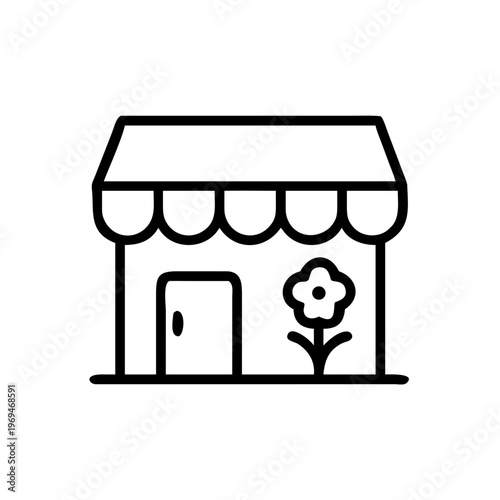 Flower shop building icon black line, retail store with blossom outline, vector graphic