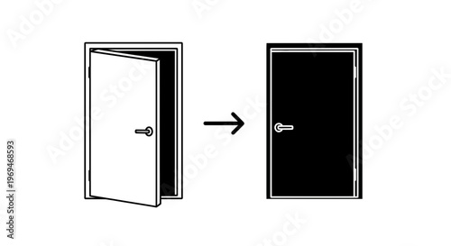 Conceptual illustration of transition an open door transforming into a closed darkened doorway with an arrow