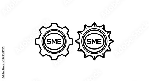 Two interlocking gears with 'sme' text a symbol of collaboration and industrial processes