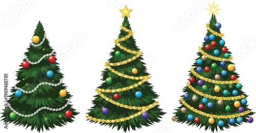 Three Decorated Christmas Trees with Ornaments and Lights decorated trees festive