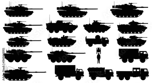 Collection of military tanks and trucks silhouettes vector illustration