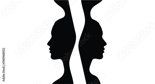 Silhouette profiles of two people facing opposite directions, symbolizing division or contrast.