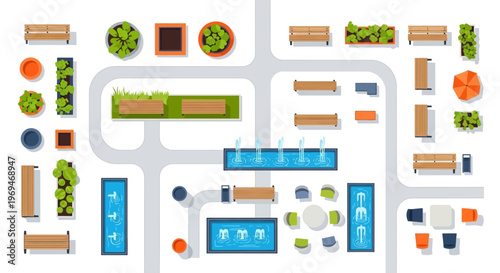 Park design elements benches plants fountains paths urban planning recreation area landscape architecture