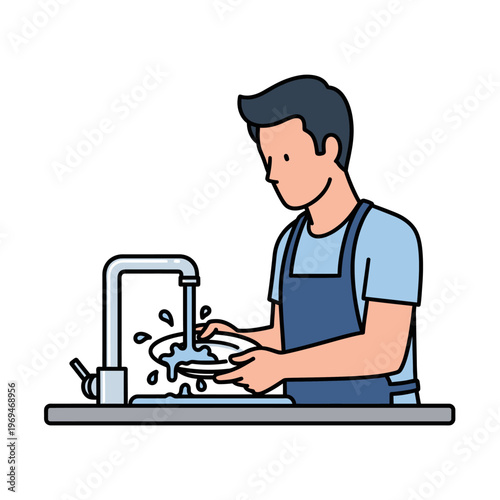 Man Washing Dishes in Kitchen Sink with Running Water
