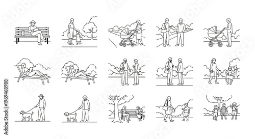 People in park illustrations set with line art style