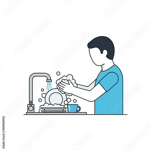 Man washing dishes in kitchen sink with soap bubbles and running water, clean home concept