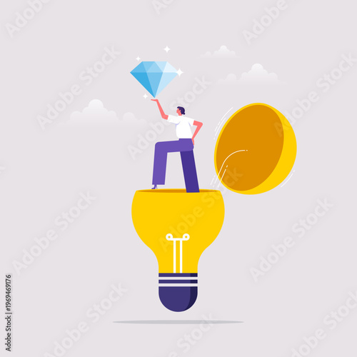 Innovation creativity breakthrough thinking and discovery of golden, businesswoman emerging from open light bulb while holding diamond symbolizing valuable idea 