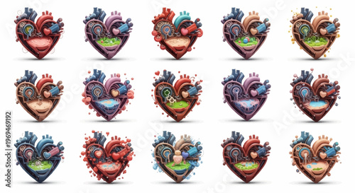 Mechanical hearts collection colorful robotic elements decorative