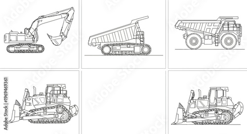 Heavy construction equipment line drawings excavator bulldozer dump truck