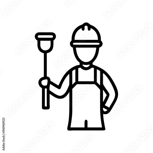 Construction worker in overalls and hard hat holding plunger, sanitation service.
