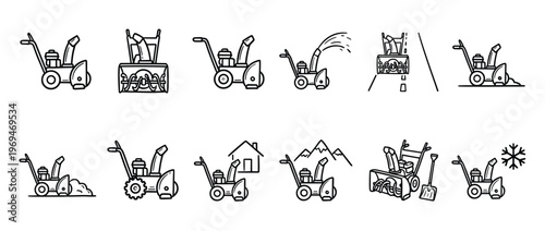 Collection of various outline icons depicting snow blowers in different scenarios and configurations, presented in a clean, minimalist style