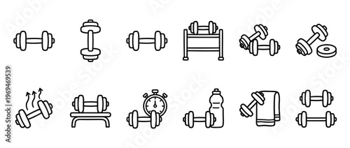 Various black outline doodle style dumbbells and fitness equipment are arranged in a grid pattern