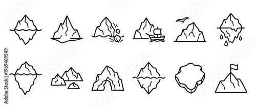 Collection of black outline iceberg icons depicting various forms, states, and interactions with water and other elements
