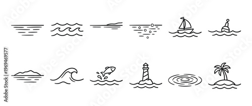 Collection of simple black outline water and sea-related icons, including waves, a sailboat, a lighthouse, and an island