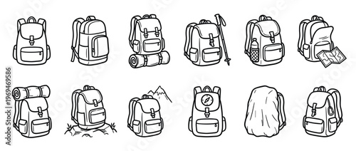 Collection of hand-drawn outline illustrations depicts various hiking backpacks and camping gear in a simple, clean style