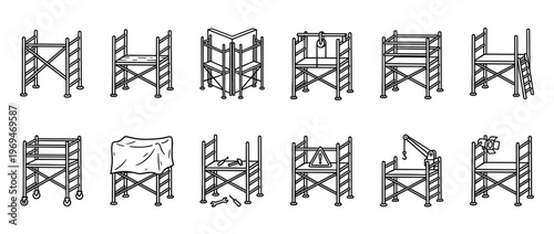 Collection of various line art scaffolding icons, depicting different types and uses of construction platforms