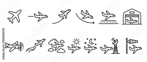 Collection of black outline airplane icons depicting various flight stages and aviation elements, presented in a clean, modern style