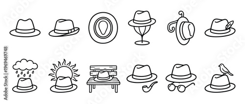 Collection of various fedora hat line art icons in a simple, minimalist style, with different elements