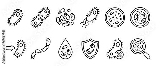 Collection of various black outline icons representing different types of bacteria, viruses, and microorganisms, ideal for scientific and medical concepts