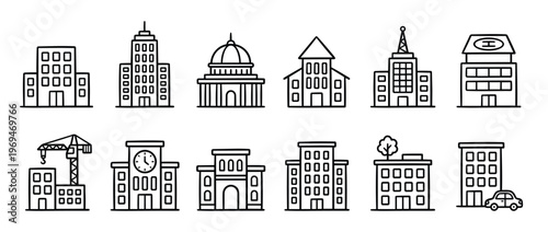 Collection of various outline building icons, including residential, commercial, and public structures, presented in a clean, minimalist style