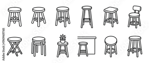 Collection of various outline stool icons, including bar stools, folding stools, and a stool with a plant