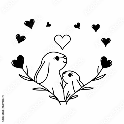 Mother and baby bunny silhouette touching noses with hearts around them mother bunny