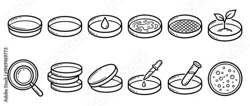 Collection of black outline petri dish icons showing various scientific experiments and laboratory processes