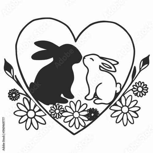Black and white bunny silhouette mother and baby touching noses in heart with flowers rabbit