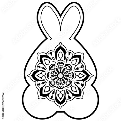 Black and white mandala pattern inside bunny silhouette with solid outer shape outline