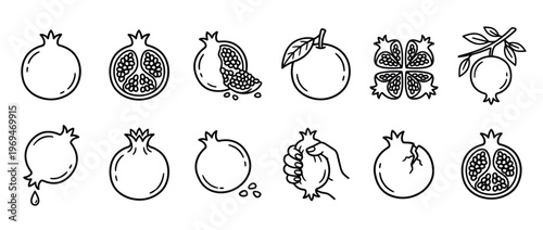 Collection of black outline pomegranate icons, featuring whole, half, quartered, and juicing pomegranates with seeds and leaves, presented in a clean, minimalist style