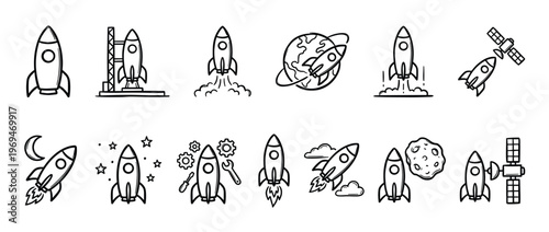 Collection of hand-drawn doodle rocket icons in various stages of flight and exploration, presented in a simple black and white line art style