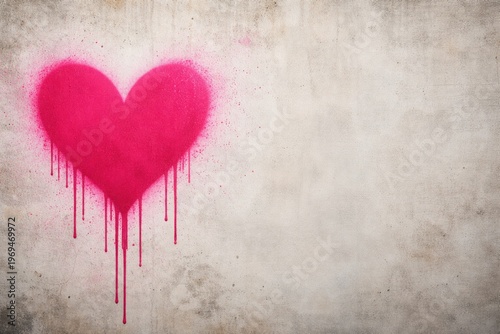 Pink heart shape spray painted on wall with visible drips and copy space for text