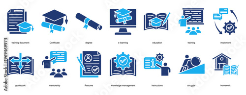 MENTORING AND TRAINING Icon Set Collection Pack Banner Web Vector Illustration  Concept. Containing Certificate, degree, e learning, education, training, implement icon