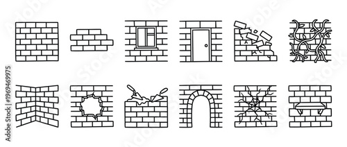 Various brick wall construction and damage outline icons are neatly arranged in a clear, illustrative vector graphic