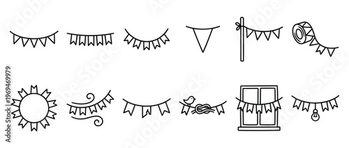 Collection of various simple black outline bunting flag icons for celebration and decoration purposes, presented in a clean, minimalist style