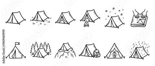 Collection of hand-drawn camping tent icons in various outdoor settings, depicting different aspects of a wilderness adventure