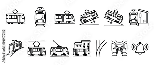 Collection of black outline tram and trolleybus icons depicting various vehicles and related elements