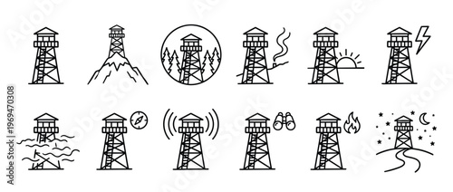 Collection of black outline fire lookout tower icons depicting various natural elements and scenarios