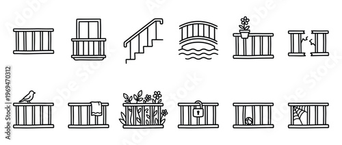 Collection of various hand-drawn railing and balustrade icons in a simple, clean line art style