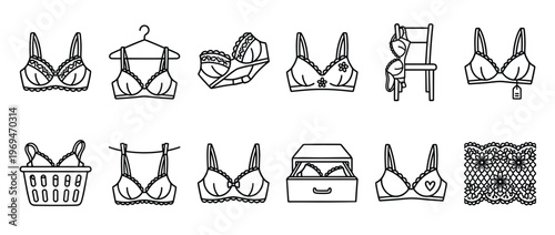 Collection of various line art bras and lingerie elements, including a bra on a hanger, in a basket, and a lace pattern, presented as simple black and white icons