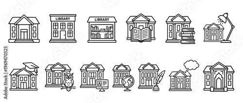 Collection of black outline icons depicting various educational buildings and learning-related objects in a clean, modern style