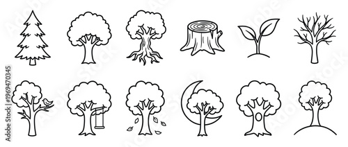 Collection of various hand-drawn tree illustrations, including evergreen, deciduous, bare, and a sapling, in a simple black outline style