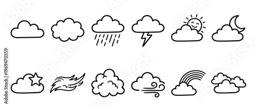 Collection of hand-drawn black outline weather icons depicting various atmospheric conditions and celestial elements