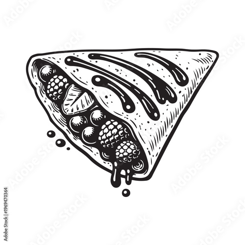 line art vector of crepe folded into a single triangle, overflowing with fresh fruit filling and drizzled with sauce