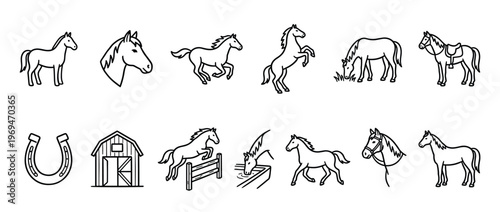 Collection of various outline horse illustrations and related equestrian elements in a simple, clean style