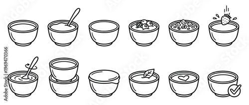 Collection of various outline illustrations depicting bowls with different contents and actions, presented in a clean, graphic style