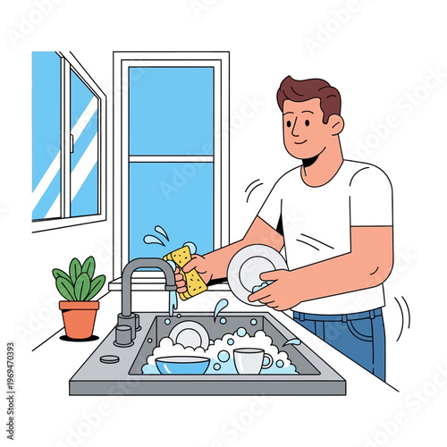 Man washing dishes in kitchen sink with sponge and running water, domestic chores