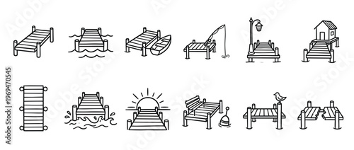 Collection of various hand-drawn pier and dock illustrations, featuring different scenarios and elements in a simple, clean style