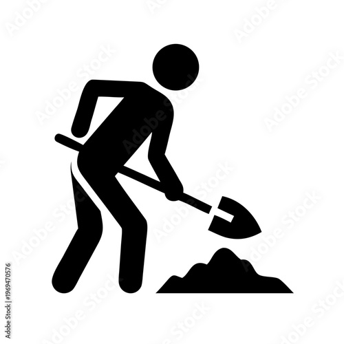 Construction worker with shovel digging dirt on building site outline