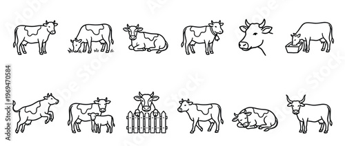 Collection of various black outline cow illustrations depicting different poses and activities, rendered in a simple, clean style